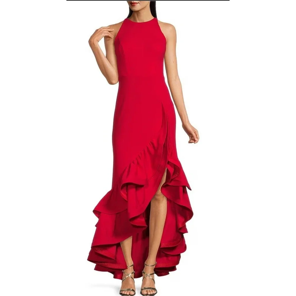 NWT Besty and Adam Round Neck Sleeveless Ruffle High-Low Stretch Crepe Gown SZ 8 - Picture 1 of 9